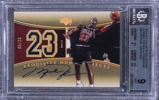2004-05 UD "Exquisite Collection" Number Pieces Autographs #MJ Michael Jordan Signed Game Used Patch Card (#05/23) – BGS MINT 9/BGS 10
